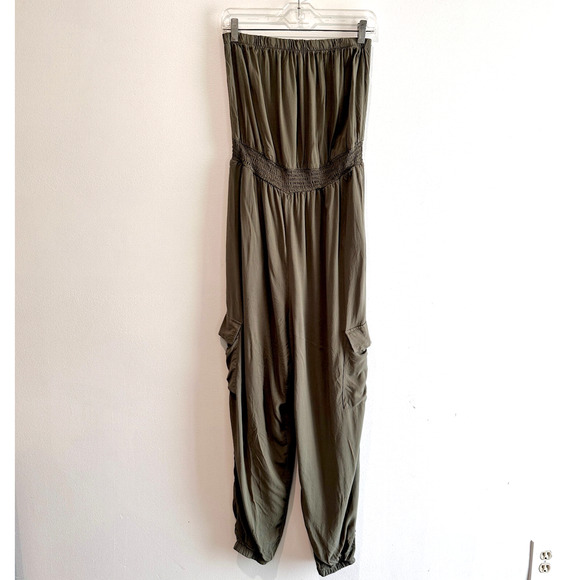 Justify Strapless Cargo Jumpsuit Olive Green Utility Festival Resort Beach Sz L - Picture 1 of 7